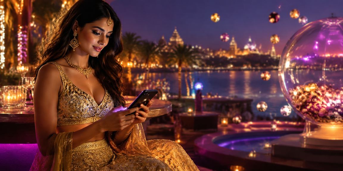 Woman playing lottery on mobile in Goa beach setting