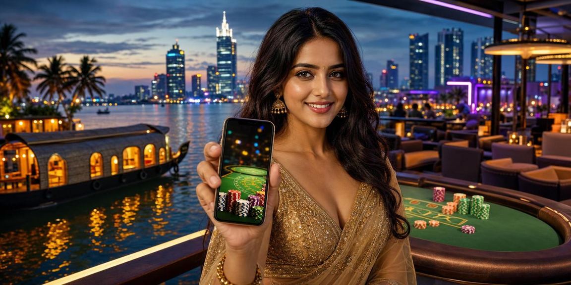 Night view of Kerala backwaters with casino app user